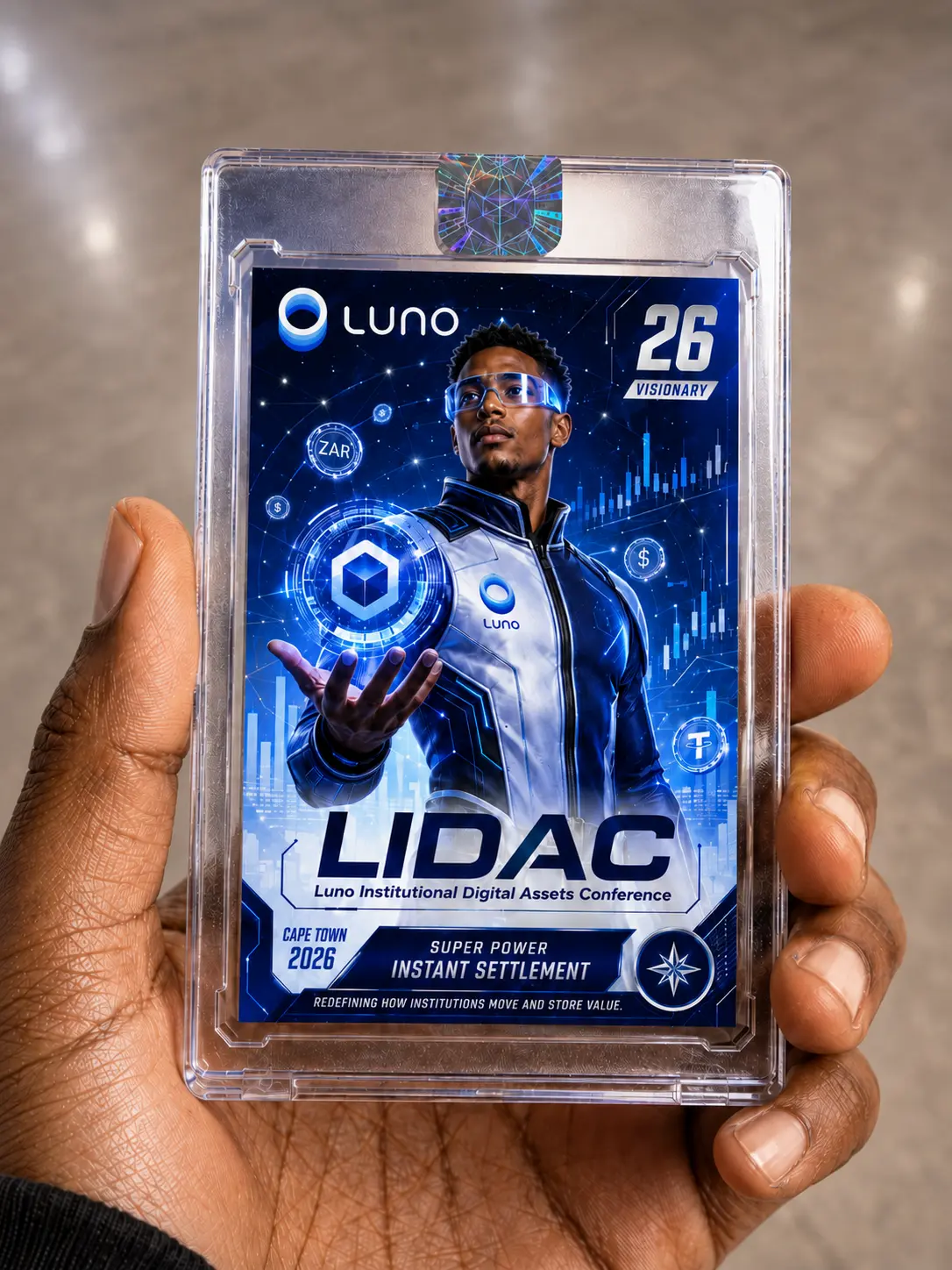 Hand holds a futuristic blue trading card in a clear magnetic holder.