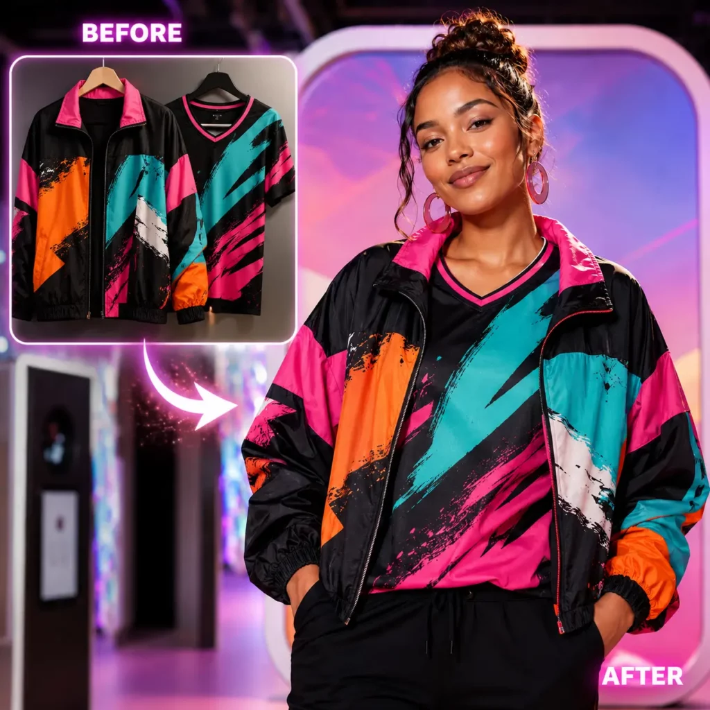 An AI portrait shows a woman wearing a bold patterned jacket beside an inset photo of the original garment.