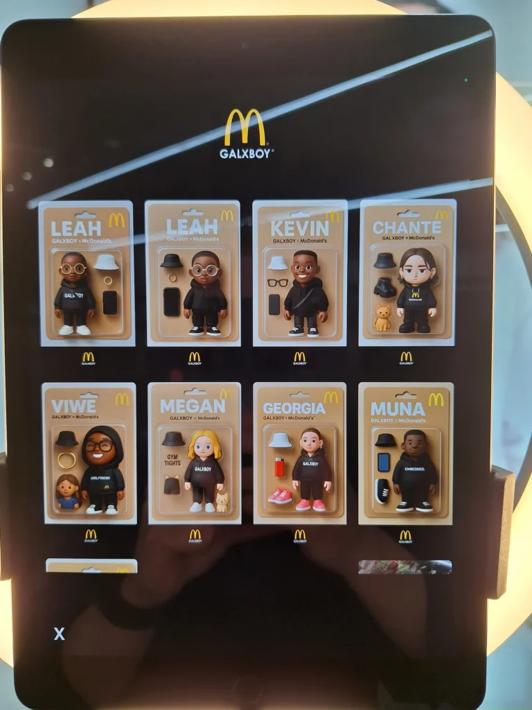 A touchscreen displays a grid of AI generated character portraits.