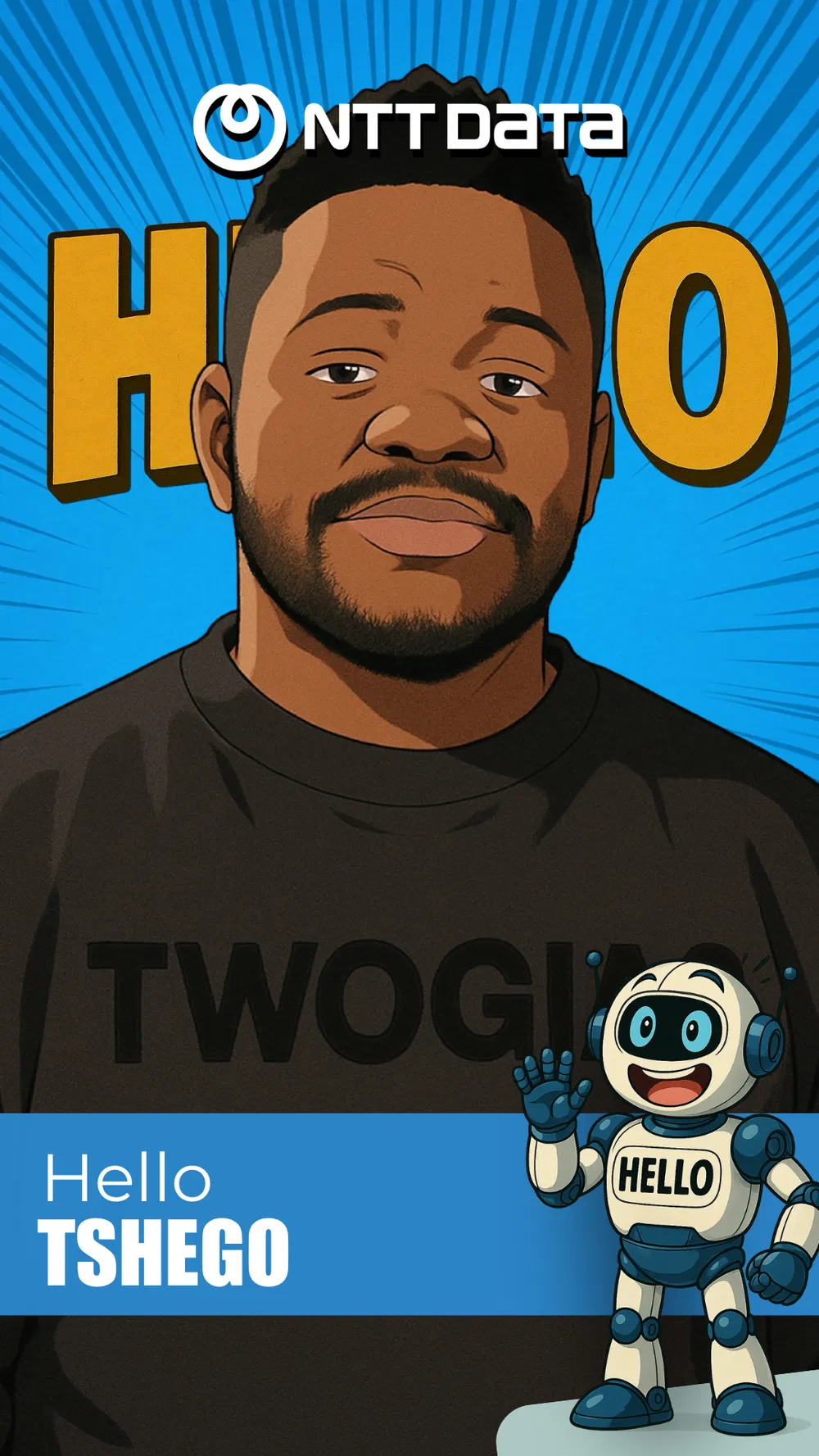 AI photo booth portrait transforms the man into a cartoon character against a bright blue background.