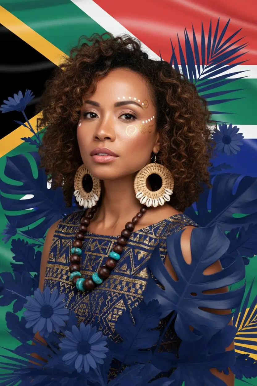 AI generated portrait of a woman wearing beaded jewellery against a colourful tropical background.