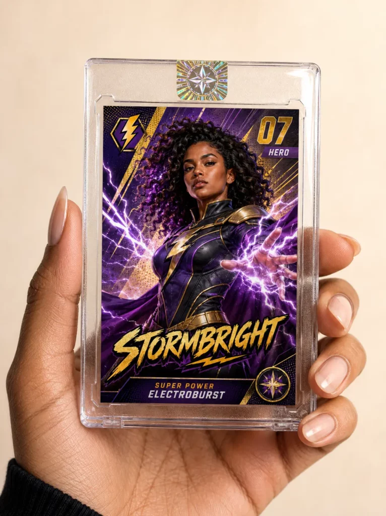 Hand holds a purple fantasy themed trading card featuring a woman surrounded by lightning.