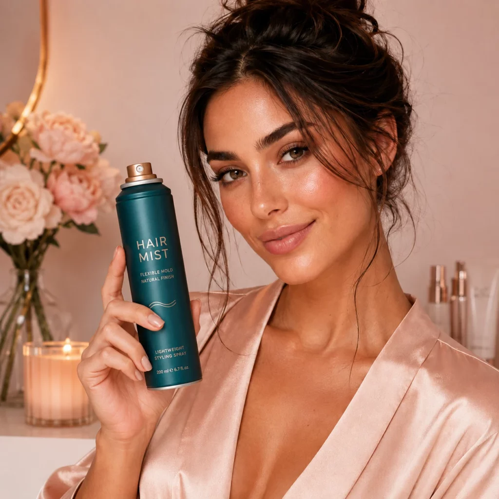 Portrait of a woman holding a turquoise hair product in a softly lit vanity setting.