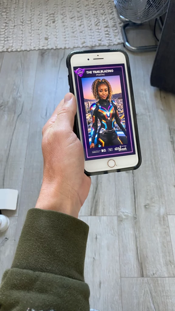 Hand holds a phone displaying an AI portrait of a woman in a superhero style outfit.