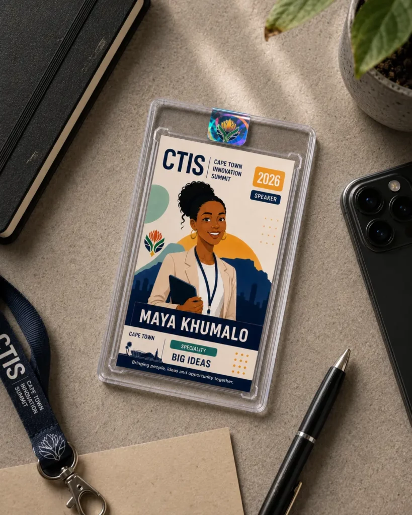 A branded corporate trading card in a clear holder lies beside a lanyard phone pen and notebook.