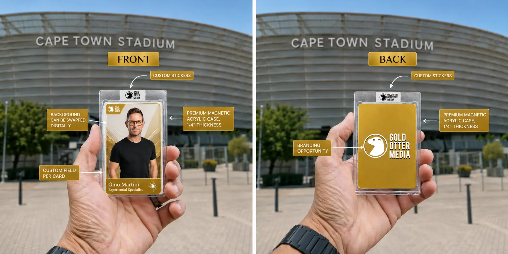 Front and back views of a custom trading card in clear holders outside Cape Town Stadium. Labels highlight personalised fields custom stickers backgrounds and branding.