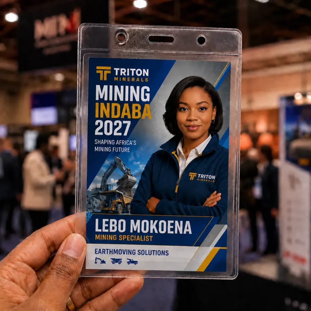Hand holds a personalised conference trading card inside a clear lanyard sleeve on a busy event floor.